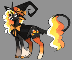 Size: 1163x973 | Tagged: safe, artist:wanderingpegasus, oc, oc only, species:classical unicorn, species:pony, species:unicorn, g4, bow, cape, clothing, cloven hooves, curved horn, female, halloween, hat, holiday, horn, leonine tail, mare, simple background, solo, unshorn fetlocks, witch hat