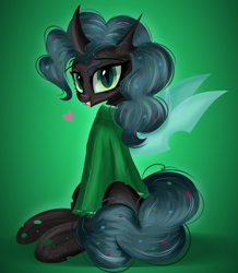 Size: 3419x3917 | Tagged: safe, artist:janelearts, character:queen chrysalis, species:changeling, g4, alternate hairstyle, changeling queen, clothing, cute, cutealis, fangs, female, green background, heart, open mouth, pinkie pie mane, simple background, sweater