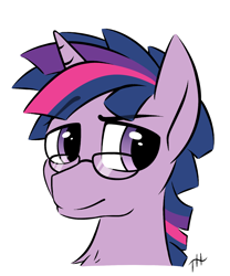 Size: 1250x1500 | Tagged: safe, artist:fakskis, character:twilight sparkle, character:twilight sparkle (scitwi), oc:dusk shine, species:pony, species:unicorn, g4, bust, chest fluff, eyebrows, eyebrows visible through hair, glasses, horn, looking at you, male, rule 63, sci-dusk, simple background, smiling, solo, stallion, unicorn sci-dusk, white background