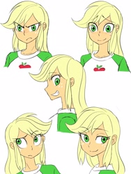 Size: 1620x2160 | Tagged: safe, artist:haibaratomoe, character:applejack, species:human, g4, my little pony:equestria girls, blonde, clothing, digital art, female, grin, hatless, missing accessory, sidemouth, simple background, smiling, solo, white background
