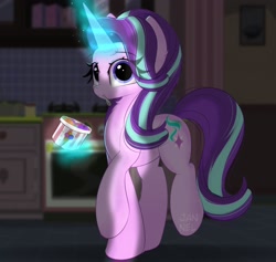 Size: 2280x2160 | Tagged: safe, artist:janelearts, character:starlight glimmer, species:pony, species:unicorn, g4, caught, cute, eating, food, glimmerbetes, glowing horn, horn, ice cream, kitchen, magic, night, open door, spoon, telekinesis, that pony sure does love ice cream
