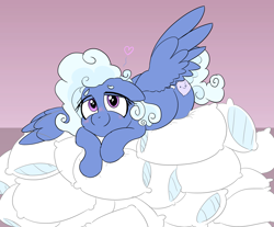 Size: 3627x3000 | Tagged: safe, artist:comfyplum, oc, oc only, oc:comfy pillow, species:pegasus, species:pony, g4, blushing, cute, female, heart, looking at you, lying down, mare, pegasus oc, pillow, pillow pile, soft, solo, wings