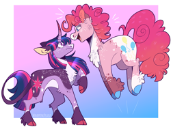 Size: 1985x1503 | Tagged: safe, artist:wanderingpegasus, character:pinkie pie, character:twilight sparkle, character:twilight sparkle (unicorn), species:classical unicorn, species:earth pony, species:pony, species:unicorn, ship:twinkie, episode:friendship is magic, g4, my little pony: friendship is magic, alternate hairstyle, chest fluff, cloven hooves, curved horn, duo, ear fluff, excited, female, freckles, happy birthday mlp:fim, horn, jumping, leg fluff, leonine tail, lesbian, mare, markings, mlp fim's tenth anniversary, open mouth, raised hoof, redesign, shipping, unshorn fetlocks