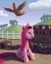 Size: 1440x1800 | Tagged: safe, artist:dahtamnay, character:pinkamena diane pie, character:pinkie pie, species:chicken, episode:magical mystery cure, g4, my little pony: friendship is magic, cart, egg, farm, pinkamena egghead pie, swapped cutie marks