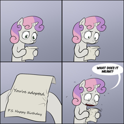 Size: 1280x1280 | Tagged: safe, artist:lemondevil, character:sweetie belle, adopted offspring, exploitable meme, happy birthday, meme, sweetie's note meme, text, you're adopted
