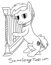 Size: 1280x1633 | Tagged: safe, artist:saine grey, character:parish nandermane, species:earth pony, species:pony, 30 minute art challenge, black and white, bow tie, grayscale, harp, monochrome, musical instrument, parish nandermane, simple background, sitting, solo, stool, white background
