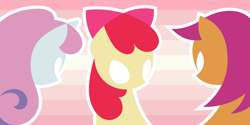 Size: 2400x1200 | Tagged: safe, artist:dahtamnay, character:apple bloom, character:scootaloo, character:sweetie belle, species:earth pony, species:pegasus, species:pony, species:unicorn, bow, cutie mark, cutie mark crusaders, female, filly, foal, glowing eyes, hair bow, hooves, horn, lineless, minimalist