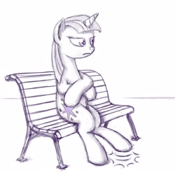 Size: 1600x1600 | Tagged: safe, artist:dahtamnay, character:twilight sparkle, character:twilight sparkle (unicorn), species:pony, species:unicorn, bench, crossed arms, female, hoof tapping, impatient, monochrome, sitting, sketch, solo