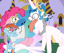 Size: 1000x833 | Tagged: safe, artist:zoiby, character:pinkie pie, character:princess celestia, character:rainbow dash, nightmare fuel, not salmon, old man hunger, parody, ren and stimpy, ren hoek, renbow dash, stimpson j cat, wat