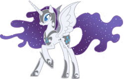 Size: 1600x1024 | Tagged: dead source, safe, artist:doctorxfizzle, character:nightmare moon, character:nightmare rarity, character:princess luna, character:rarity, species:alicorn, species:pony, alicornified, armor, ethereal mane, female, fusion, galaxy mane, helmet, hoof shoes, mare, race swap, raised hoof, raricorn, simple background, solo, transparent background