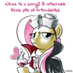 Size: 640x640 | Tagged: safe, artist:giantmosquito, character:fluttershy, species:pegasus, species:pony, ask-dr-adorable, butterfly, castlevania, castlevania: symphony of the night, cloak, clothing, crossover, dr adorable, dracula, female, fluttershy is not amused, glass, hoof hold, looking at you, mare, meme, parody, safety goggles, signature, simple background, vampire, what is a man, white background