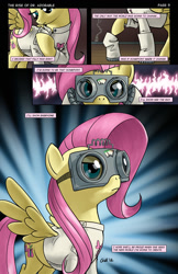 Size: 825x1275 | Tagged: safe, artist:giantmosquito, character:fluttershy, species:pegasus, species:pony, clothing, comic, dr adorable, female, goggles, lab coat, mare, solo, spread wings, wings
