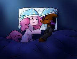 Size: 1019x784 | Tagged: safe, artist:maplesunrise, character:pinkie pie, oc, oc only, ask snuggle pie, bed, clothing, eyes closed, floppy ears, hat, nightcap, sleeping, smiling