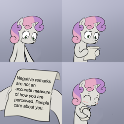 Size: 600x600 | Tagged: safe, artist:lemondevil, character:sweetie belle, blushing, comic, crying, exploitable meme, happy, hug, meme, note, paper, sweetie hugs a note, sweetie's note meme, truth