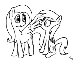 Size: 1280x1053 | Tagged: safe, artist:saine grey, character:derpy hooves, character:fluttershy, species:pegasus, species:pony, ship:derpyshy, black and white, female, grayscale, lesbian, mare, monochrome, preening, shipping, simple background, white background