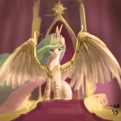 Size: 640x640 | Tagged: safe, artist:giantmosquito, character:princess celestia, 30 minute art challenge, armor, female, sitting, solo, spread wings, throne, wing armor, wings