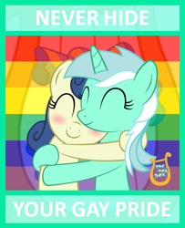 Size: 624x768 | Tagged: safe, artist:artpwny, artist:bronybyexception, artist:hawk9mm, artist:vladimirmacholzraum, character:bon bon, character:lyra heartstrings, character:sweetie drops, species:earth pony, species:pony, species:unicorn, ship:lyrabon, adorabon, blushing, cute, eyes closed, female, gay pride, gay pride flag, hug, lesbian, lyrabetes, mouthpiece, positive ponies, pride, shipping, smiling