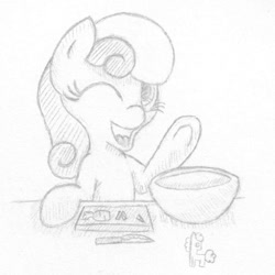 Size: 800x800 | Tagged: safe, artist:ramott, character:bon bon, character:sweetie drops, species:earth pony, species:pony, bowl, carrot, cooking, female, food, grayscale, happy, knife, monochrome, one eye closed, smiling, solo, traditional art, waving, wink