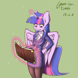Size: 1280x1280 | Tagged: safe, artist:garam, character:twilight sparkle, character:twilight sparkle (alicorn), species:alicorn, species:anthro, book, clothing, female, hand on hip, magic, pantyhose, simple background, skirt, skirt suit, solo, stockings, suit, sweater vest, telekinesis, tube skirt