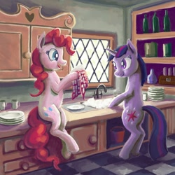 Size: 1600x1600 | Tagged: safe, artist:dahtamnay, character:pinkie pie, character:twilight sparkle, character:twilight sparkle (unicorn), species:earth pony, species:pony, species:unicorn, bipedal, dish, duo, helping, interior, kitchen, sink, towel, washing