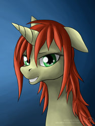 Size: 750x1000 | Tagged: safe, artist:adalbertus, oc, oc only, oc:amber drop, species:pony, species:unicorn, floppy ears, grin, looking at you, portrait, smiling, solo