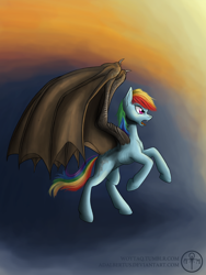 Size: 1200x1600 | Tagged: safe, artist:adalbertus, character:rainbow dash, species:dracony, species:pony, dragon wings, female, gradient background, hybrid, mare, open mouth, rainbow dragon, rearing, solo