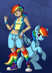 Size: 885x1240 | Tagged: safe, artist:collaredginger, character:rainbow dash, belly button, clothing, converse, female, hand wraps, human ponidox, humanized, midriff, ponidox, rainbow socks, shoes, socks, solo, striped socks