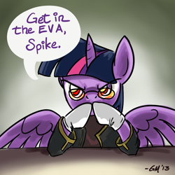 Size: 640x640 | Tagged: safe, artist:giantmosquito, character:twilight sparkle, character:twilight sparkle (alicorn), species:alicorn, species:pony, clothing, crossover, female, gendo ikari, gendo pose, glare, glasses, gloves, looking at you, mare, neon genesis evangelion, parody, solo, spread wings, wings