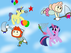 Size: 1024x768 | Tagged: safe, artist:biosonic100, character:comet tail, character:twilight sparkle, character:twilight sparkle (alicorn), species:alicorn, species:pony, ship:cometlight, balloon, crossover, female, lily (scribblenauts), male, mare, maxwell (scribblenauts), scribblenauts, shipping, sky, straight