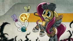 Size: 1920x1080 | Tagged: safe, artist:giantmosquito, character:fluttershy, species:pegasus, species:pony, g4, clothing, costume, crossover, crowbar, dr adorable, dr. horrible's sing-along blog, female, half-life, mare, mouth hold, parasprite, solo, wallpaper