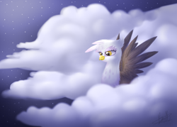 Size: 1400x1000 | Tagged: safe, artist:maplesunrise, character:gilda, species:griffon, cloud, cloudy, female, night, solo, spread wings, wings