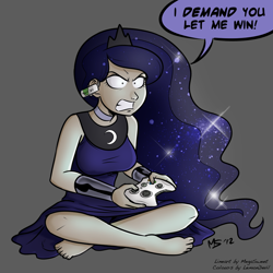 Size: 962x962 | Tagged: source needed, safe, artist:lemondevil, artist:megasweet, character:princess luna, species:human, gamer luna, controller, dialogue, female, gray background, humanized, simple background