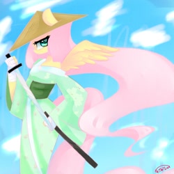 Size: 1024x1024 | Tagged: safe, artist:kikiluv, character:fluttershy, species:anthro, species:pegasus, g4, clothing, colored pupils, conical hat, female, flutterbadass, hat, katana, kimono (clothing), looking at you, mare, profile, samurai, signature, solo, spread wings, sword, weapon, wings
