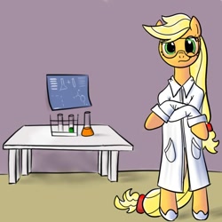 Size: 600x600 | Tagged: safe, artist:hudoyjnik, artist:synch-anon, character:applejack, species:pony, bipedal, chemistry, clothing, crossed hooves, female, lab coat, safety goggles, solo
