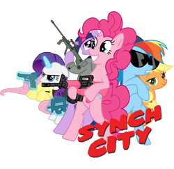 Size: 999x970 | Tagged: safe, artist:synch-anon, character:applejack, character:fluttershy, character:pinkie pie, character:rainbow dash, character:rarity, character:twilight sparkle, ar15, aug, crossover, five-seven, glasses, gun, magic, p90, pistol, rifle, sin city, submachinegun