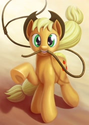 Size: 1500x2122 | Tagged: safe, artist:dahtamnay, character:applejack, female, lasso, looking at you, mouth hold, solo, underhoof