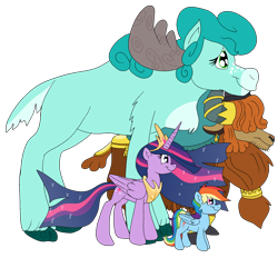 Size: 1736x1608 | Tagged: safe, artist:bennimarru, character:prince rutherford, character:rainbow dash, character:twilight sparkle, unnamed oc, species:alicorn, species:pegasus, species:pony, species:yak, g4, flat colors, princess twilight 2.0, simple background, species:moose, transparent background