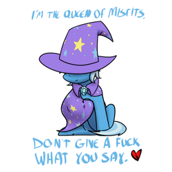 Size: 1200x1200 | Tagged: safe, artist:skydreams, edit, character:trixie, species:pony, species:unicorn, g4, cape, clothing, female, hat, heart, mare, queen of misfits, simple background, solo, trixie's cape, trixie's hat, vylet pony, white background