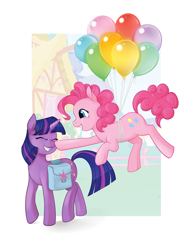 Size: 1024x1325 | Tagged: safe, artist:lemondevil, character:pinkie pie, character:twilight sparkle, ship:twinkie, balloon, boop, eyes closed, female, floating, happy, lesbian, saddle bag, shipping, then watch her balloons lift her up to the sky
