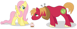 Size: 2026x784 | Tagged: safe, artist:littlehybridshila, character:big mcintosh, character:fluttershy, species:earth pony, species:pegasus, species:pony, ship:fluttermac, g4, blushing, cupcake, female, male, mare, shipping, simple background, stallion, straight, transparent background