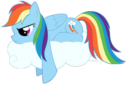Size: 1612x1078 | Tagged: safe, artist:littlehybridshila, character:rainbow dash, species:pegasus, species:pony, cloud, cutie mark, female, frown, frustrated, grumpy, hooves, lying on a cloud, mare, on a cloud, prone, sad, simple background, solo, transparent background, wings