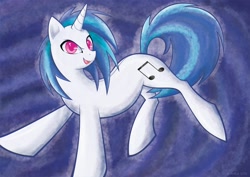 Size: 1500x1061 | Tagged: safe, artist:littlehybridshila, character:dj pon-3, character:vinyl scratch, species:pony, species:unicorn, g4, abstract background, female, happy, mare, solo