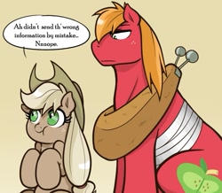 Size: 623x543 | Tagged: safe, artist:redhotkick, character:applejack, character:big mcintosh, species:earth pony, species:pony, ask big red macintosh, big macintosh is not amused, discorded, liar face, liarjack, male, scrunchy face, stallion