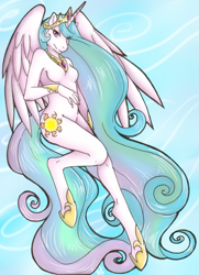 Size: 927x1280 | Tagged: safe, artist:collaredginger, character:princess celestia, species:anthro, species:unguligrade anthro, barbie doll anatomy, breasts, featureless breasts, female, hooves, nudity, solo