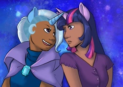 Size: 1280x906 | Tagged: safe, artist:collaredginger, character:trixie, character:twilight sparkle, species:human, ship:twixie, dark skin, eared humanization, female, horned humanization, horns are touching, humanized, lesbian, shipping