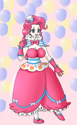 Size: 937x1510 | Tagged: safe, artist:asdf314159265, character:pinkie pie, species:human, balloon, breasts, busty pinkie pie, cleavage, clothing, dress, female, gala dress, humanized, light skin, solo