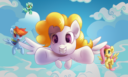 Size: 2000x1200 | Tagged: safe, artist:zoiby, character:fluttershy, character:lyra heartstrings, character:rainbow dash, character:surprise, species:alicorn, species:pony, alicornified, cloud, cloudy, flying, looking at you, lyracorn, race swap