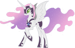 Size: 1600x1024 | Tagged: dead source, safe, artist:doctorxfizzle, character:nightmare moon, character:princess luna, character:sweetie belle, species:alicorn, species:pony, g4, alicornified, ethereal mane, female, galaxy mane, mare, nightmare sweetie belle, nightmarified, profile, race swap, raised hoof, simple background, slit eyes, solo, transparent background, vector