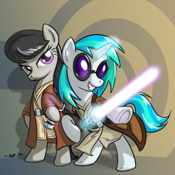 Size: 1280x1280 | Tagged: safe, artist:giantmosquito, character:dj pon-3, character:octavia melody, character:vinyl scratch, species:earth pony, species:pony, species:unicorn, g4, bipedal, clothing, crossover, female, jedi, lightsaber, mare, star wars