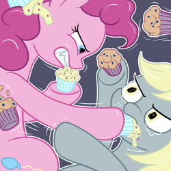 Size: 1600x1600 | Tagged: safe, artist:dahtamnay, character:derpy hooves, character:pinkie pie, species:earth pony, species:pegasus, species:pony, crying, cupcake, cupcakes vs muffins, duo, female, fight, food, food fight, mare, muffin